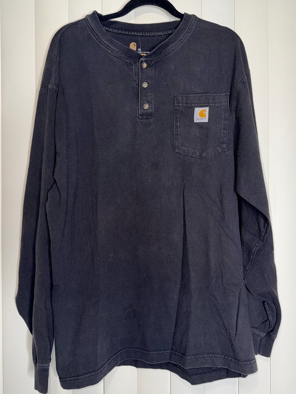 Carhartt Long Sleeve Distressed Black Cotton Logo Pocket Original Fit Men  Sz XL